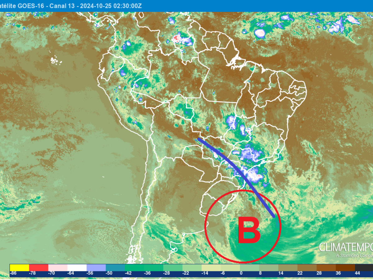 Ciclone extratropical, indicado pela letra B, e frente fria, indicada pela curva azul