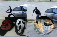 Trio usa máscaras de terror em execução, queima carro e, mesmo assim, é descoberto