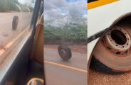 Pneu se solta de &ocirc;nibus escolar em movimento na MS-164
