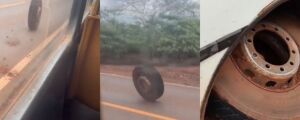 Pneu se solta de &ocirc;nibus escolar em movimento na MS-164