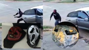 Trio usa máscaras de terror em execução, queima carro e, mesmo assim, é descoberto