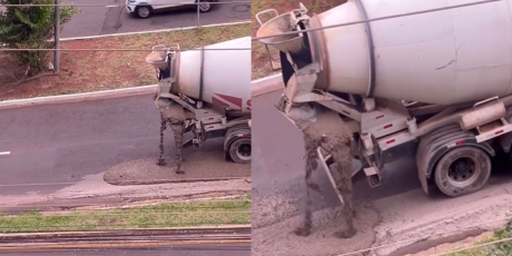 Caminh&atilde;o derrama concreto na rua ao desviar de acidente em Campo Grande