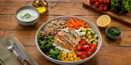 Veja como preparar uma receita pr&aacute;tica e saud&aacute;vel de Bowl Colorido de Frango, Gr&atilde;os e Legumes 