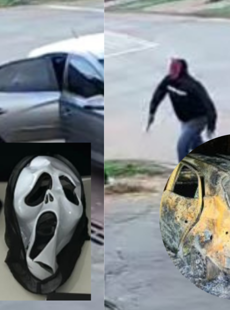 Trio usa máscaras de terror em execução, queima carro e, mesmo assim, é descoberto