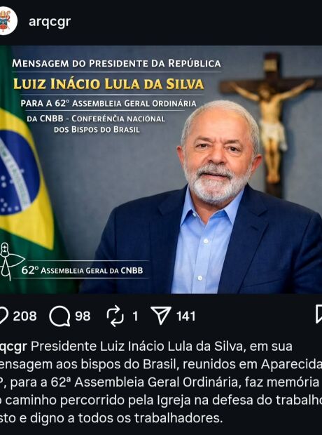 Arquidiocese publica defesa de Lula ao Papa Le&atilde;o XIV e gera "guerra santa" entre fi&eacute;is