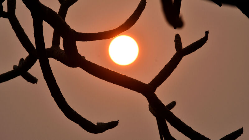 Sol está avermelhado por conta da fuligem dispersa no horizonte