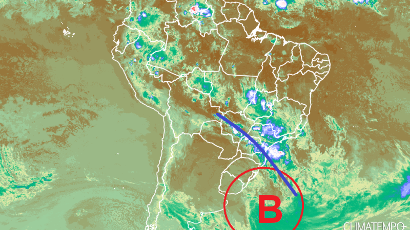 Ciclone extratropical, indicado pela letra B, e frente fria, indicada pela curva azul