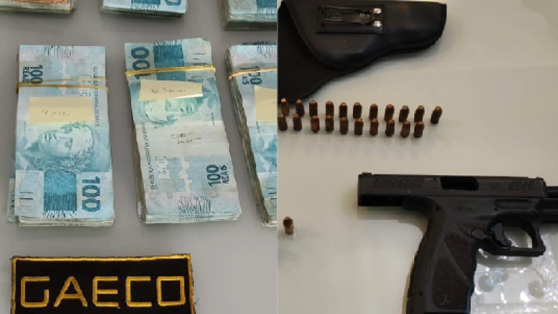 Durante o cumprimento dos mandados, agentes do Ministério Público encontraram R$ 79 mil em dinheiro, armas de fogo e munições