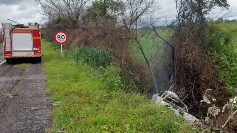 Motorista perdeu o controle da direção, saiu da pista, bateu em árvore e carro pegou fogo