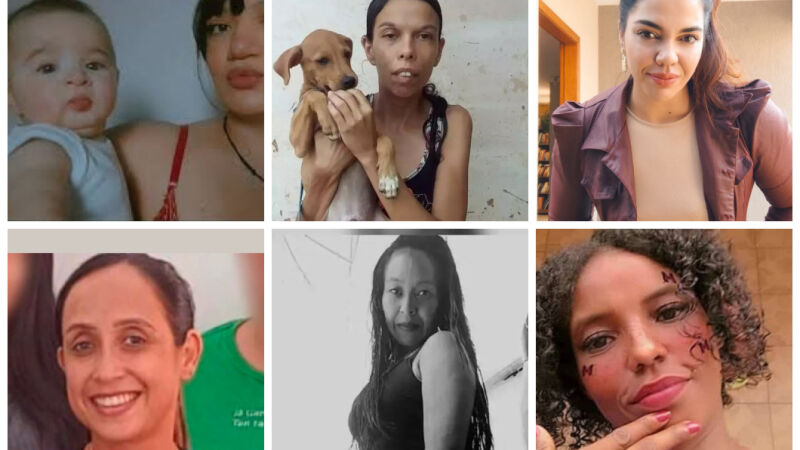 Na foto estão Vanessa Eugênia e a filha Sophie, Graciane de Souza Silva,Vanessa Ricarte, Thacia Paula Ramos, Doralice Silva e Ivone Barbosa, todas vítimas de feminicídio em 2025