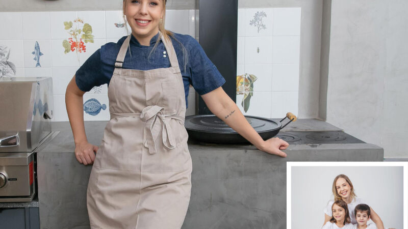 A chef Bárbara Frazão; à direita, com os filhos Marina e Felipe