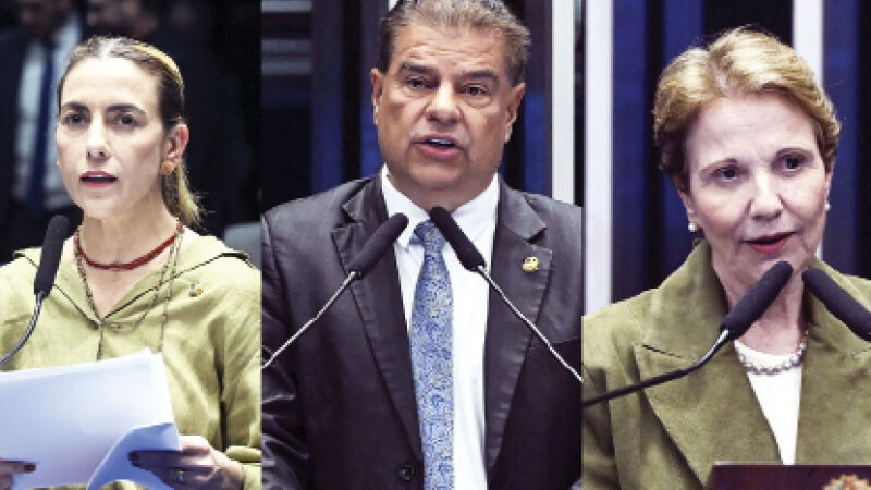 Os senadores Soraya Thronicke (Podemos), Nelsinho Trad (PSD) e Tereza Cristina (PP)