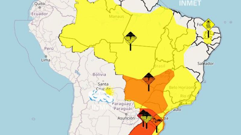 Alerta do Inmet aponta risco maior principalmente para os três estados do sul do Brasil, mas outras regiões sofrem os reflexos