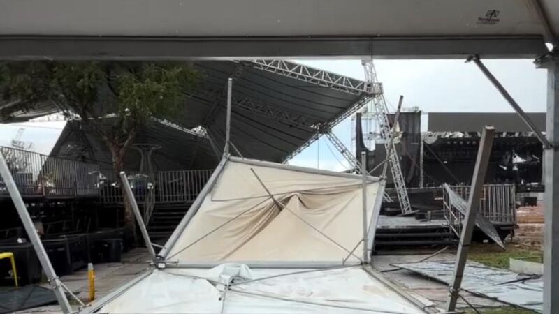 Várias tendas e estruturas montadas na Expogrande foram danificadas durante temporal