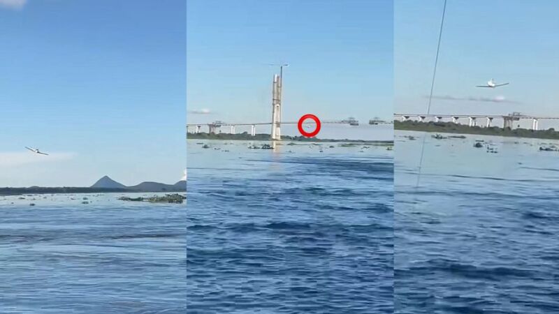 Avião de pequeno porte é visto sobrevoando sob a ponte da Rota Bioceânica
