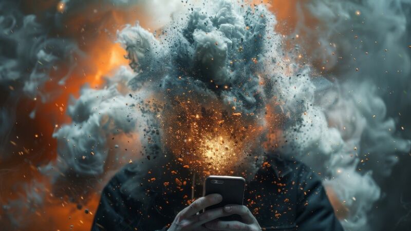 Imagem ilustra os impactos do consumo excessivo de conteúdos digitais sobre a atenção, a memória e o comportamento dos jovens.