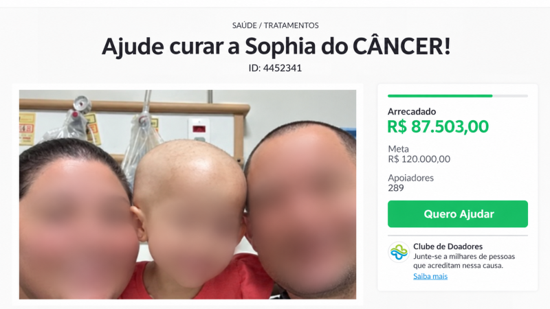 Campanha busca arrecadar R$ 120 mil para custear o tratamento de Sophia, criança diagnosticada com câncer.