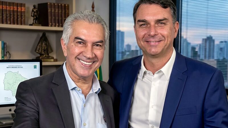 O ex-governador Reinaldo Azambuja e o senador Flávio Bolsonaro durante encontro em Brasília (DF)