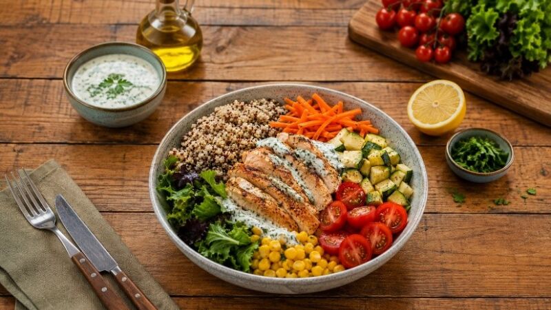 Veja como preparar uma receita prática e saudável de Bowl Colorido de Frango, Grãos e Legumes 