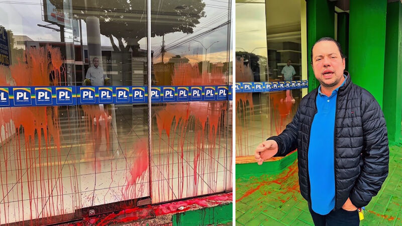 Rodolfo Nogueira mostra danos no comitê de campanha em Dourados e afirma que o local foi alvo de vandalismo durante a madrugada