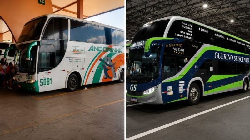 Ônibus da Andorinha e da Guerino Seiscento, empresas envolvidas na disputa por linhas interestaduais que ligam Mato Grosso do Sul a São Paulo.