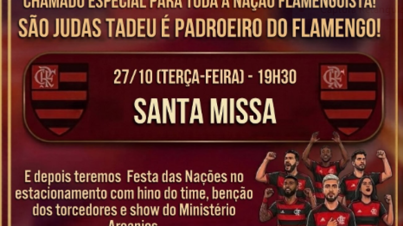 Torcedores do Flamengo terão missa, bênção especial e festa em homenagem a São Judas Tadeu, em Campo Grande, no dia 27 de outubro.
