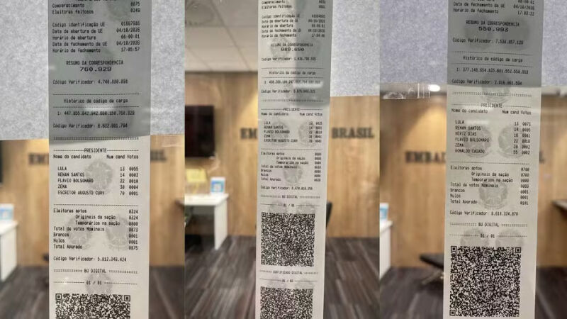 Boletins de urna da Nova Zelândia, onde Lula obteve 70,48% dos votos válidos, enquanto Flávio registrou 19,28%