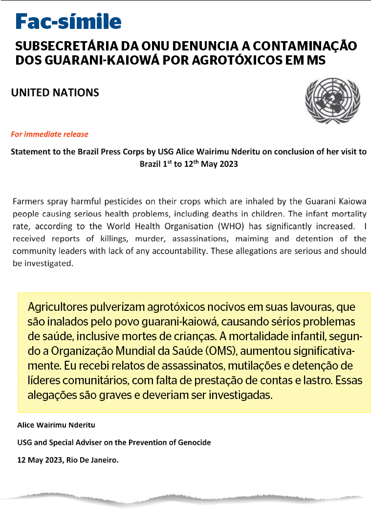 Trecho de documento da ONU, em que são relatadas contaminações de indígenas por agrotóxicos em fazendas de Mato Grosso do Sul