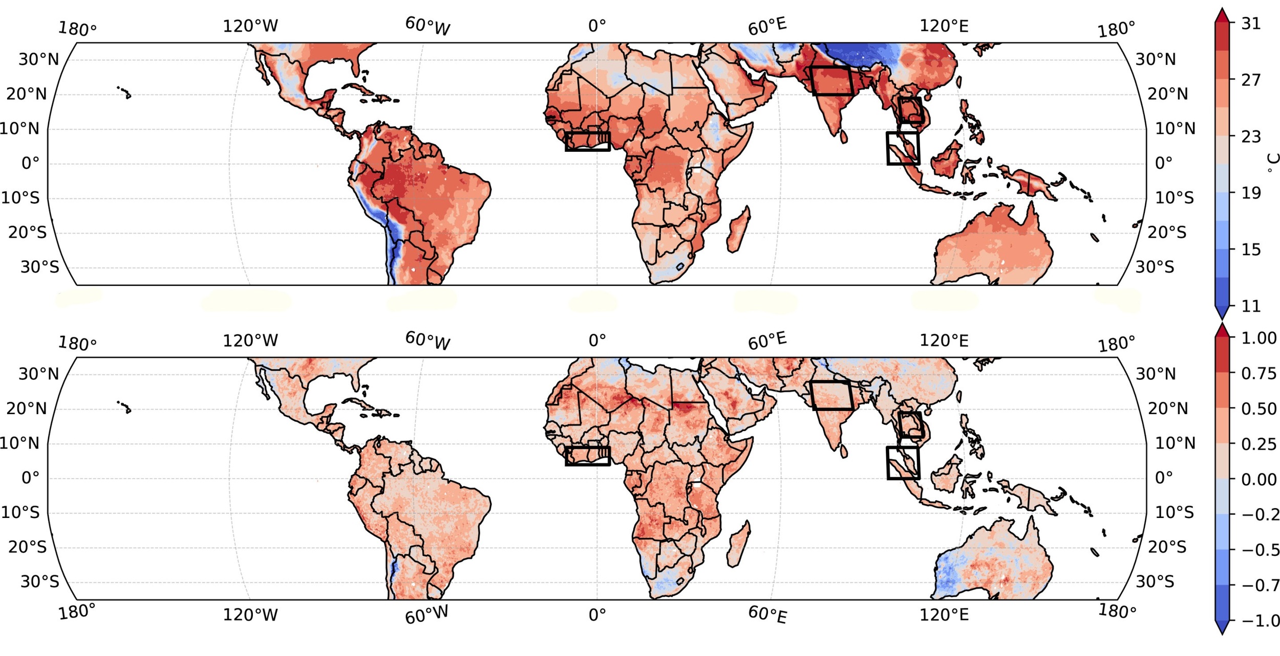 . A imagem de cima mostra os efeitos do El Ni&ntilde;o e do aquecimento global, enquanto a de baixo se fosse s&oacute; o efeito El Ni&ntilde;o em a&ccedil;&atilde;o.  O estudo mostra uma diferen&ccedil;a de 0,25&deg;C a 0,50&deg;C causada pelo aquecimento global.