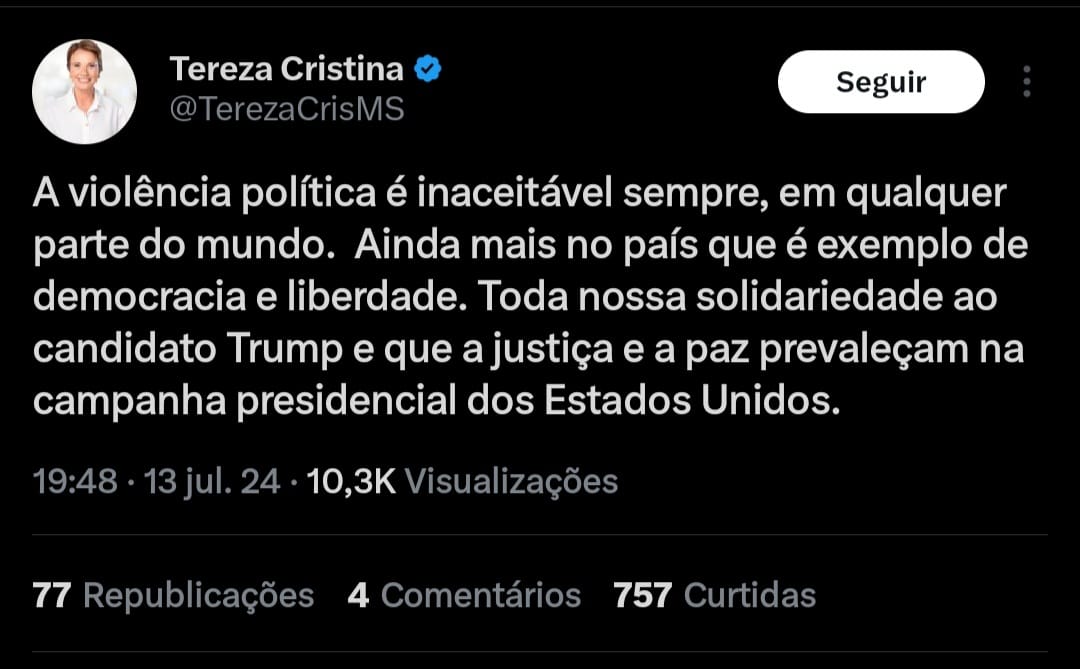 O governador de Mato Grosso do Sul, Eduardo Riedel repudia qualquer violência política. 