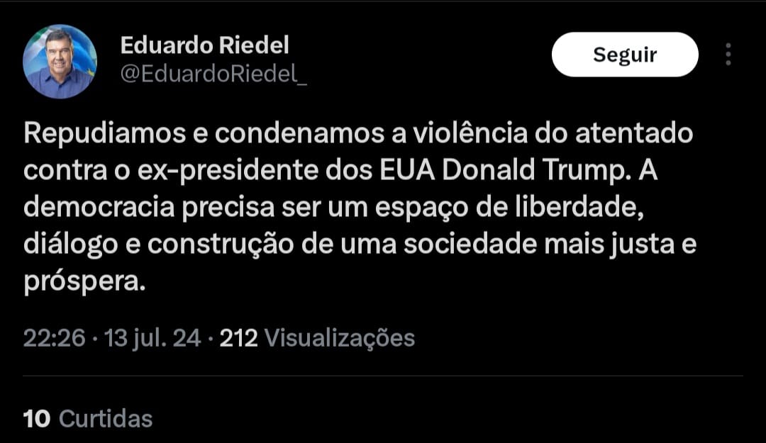 O governador de Mato Grosso do Sul, Eduardo Riedel repudia qualquer violência política. 