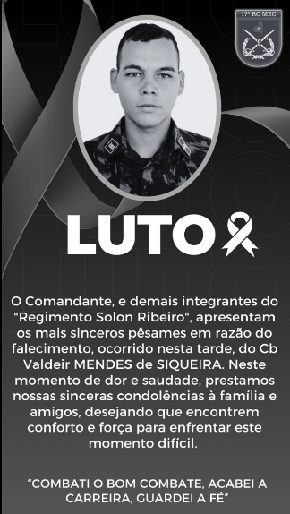 Cabo do Exército Brasileiro, Valdeir Mendes de Siqueira, de 24 anos