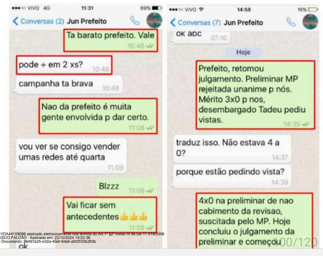 Print anexado ao processo mostra conversa entre advogado e ex-prefeito