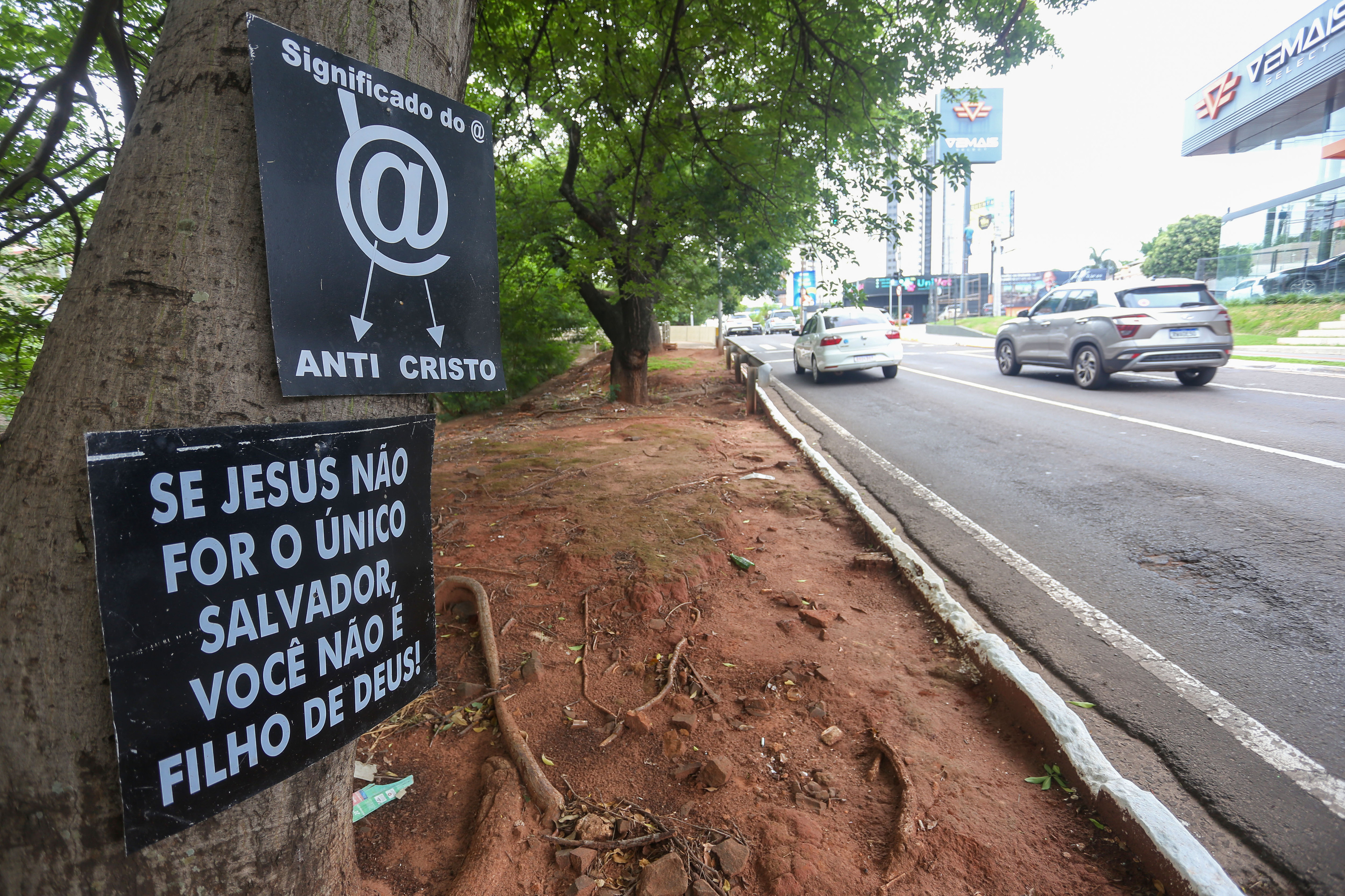 Placa pendurada em árvore na avenida Ricardo Brandão