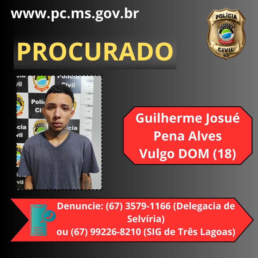 Guilherme Josué Pena Alves, de 18 anos, é procurado pela polícia