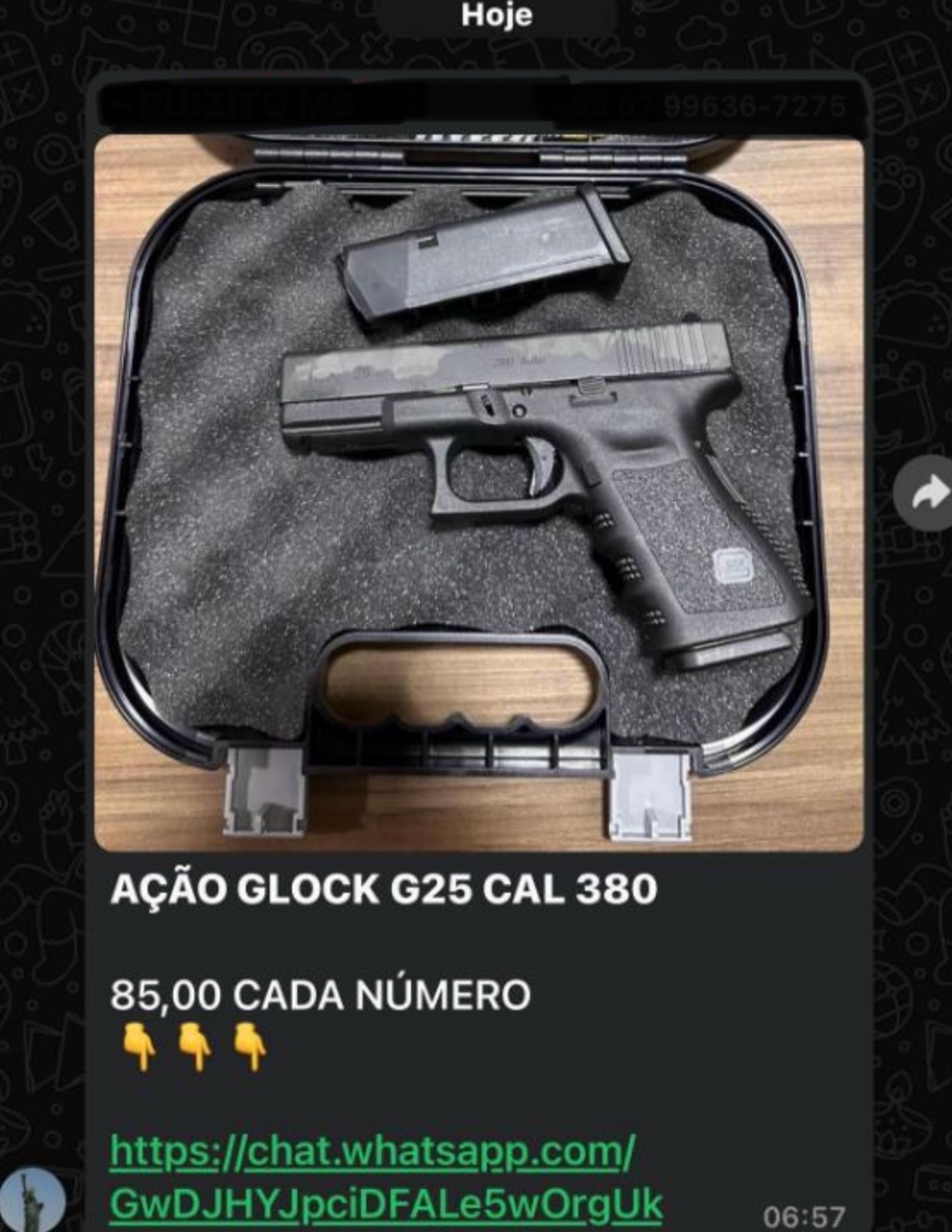 Pistola Glock 380 foi rifada mediante sorteio, no ano passado, por pessoas ligadas a clube de ca&ccedil;a
