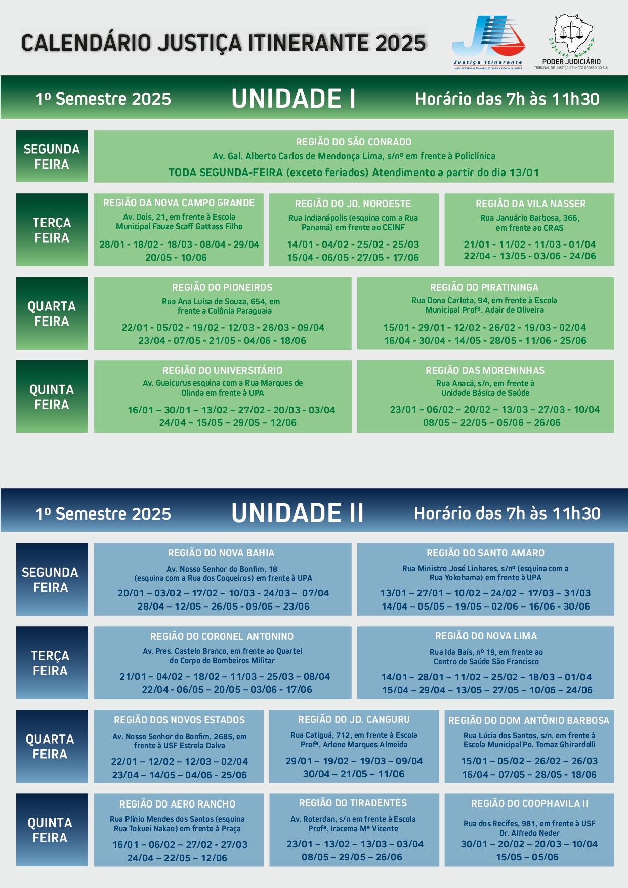 Calendário de atendimentos para o primeiro semestre