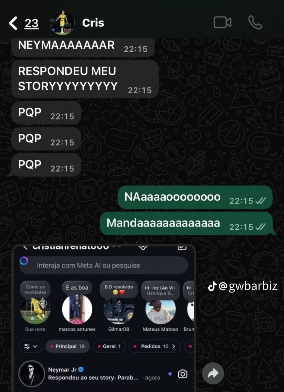 Cristian indo &agrave; loucura por ter recebido mensagem de Neymar, seu &iacute;dolo - Foto: Reprodu&ccedil;&atilde;o