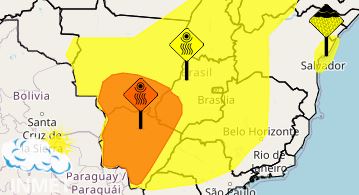 Mapa de alerta mostra toda a região de MS coberta por aviso de umidade baixa e potencial