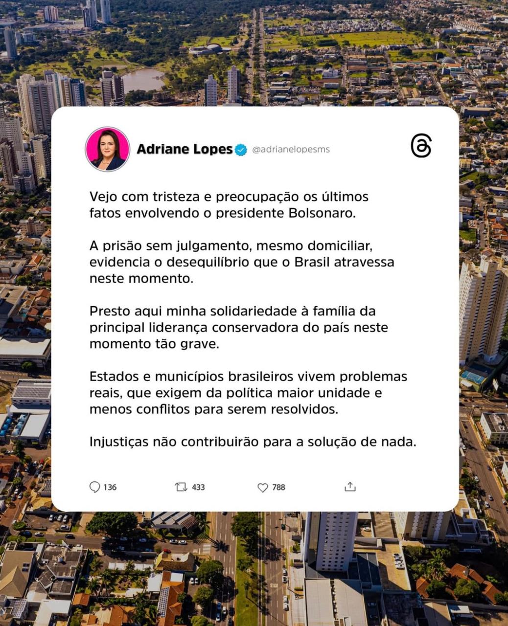 Adriane Lopes critica prisão domiciliar de Bolsonaro