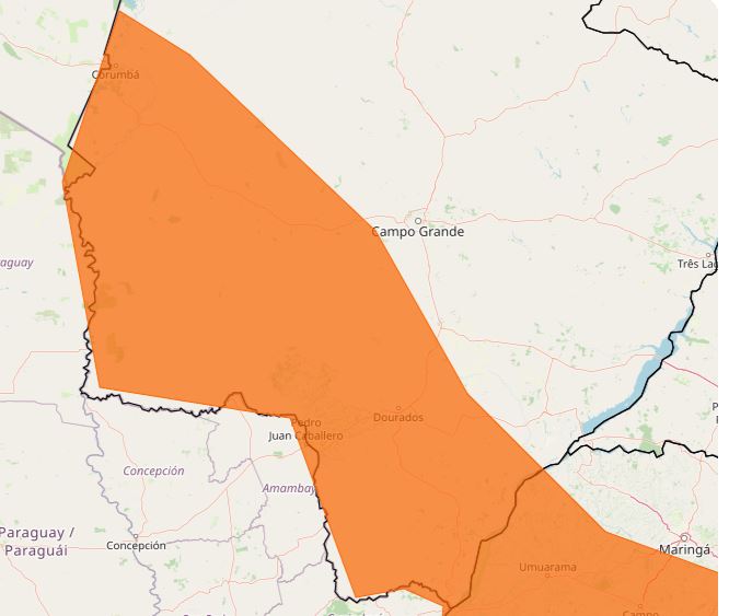 Região alaranjada é onde o alerta está ativo - Fonte: Inmet