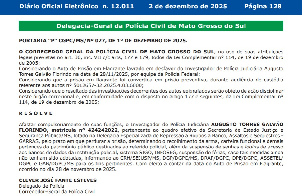 Portaria afastamento policial do garras envolvido com propina