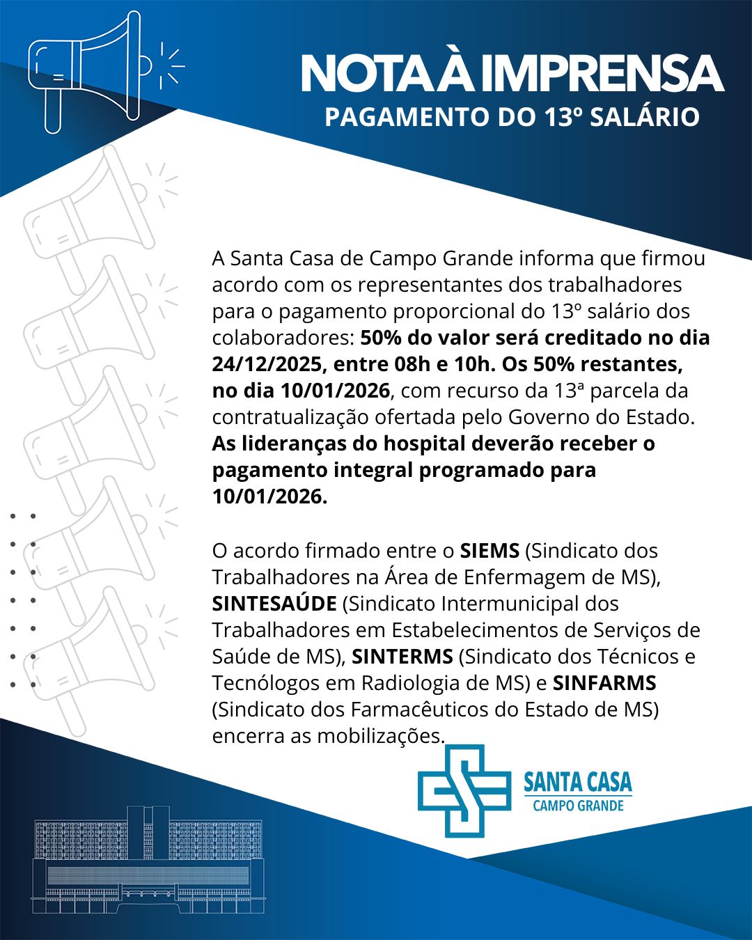 Fachada da Santa Casa de Campo Grande, maior hospital de MS