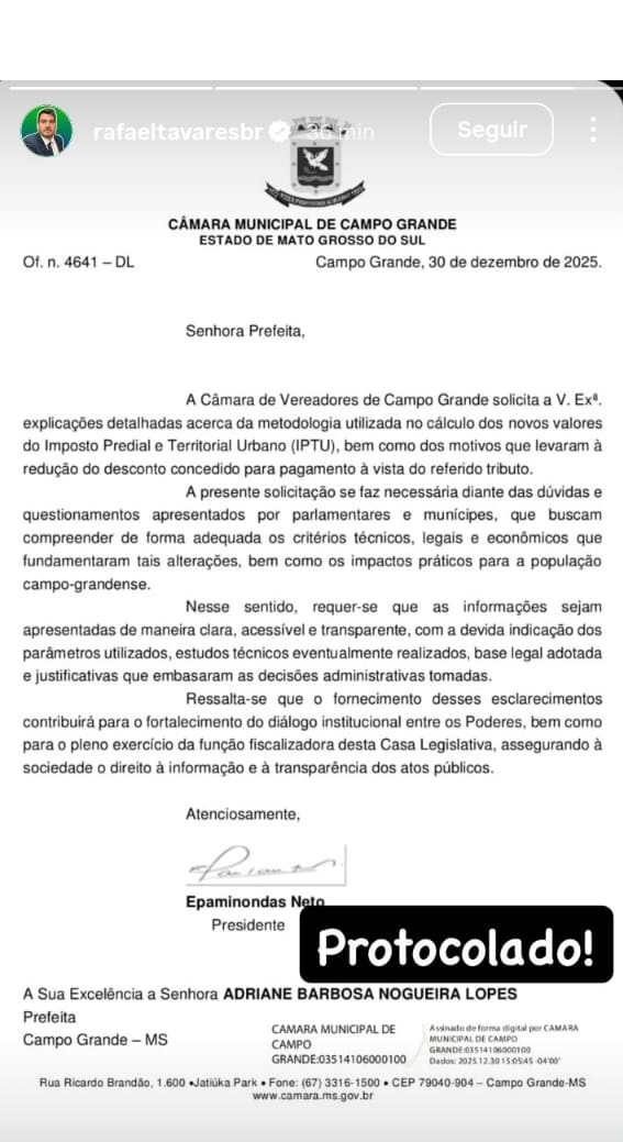 Ofício enviado pela Câmara de Vereadores de Campo Grande à Prefeita Adriane Lopes