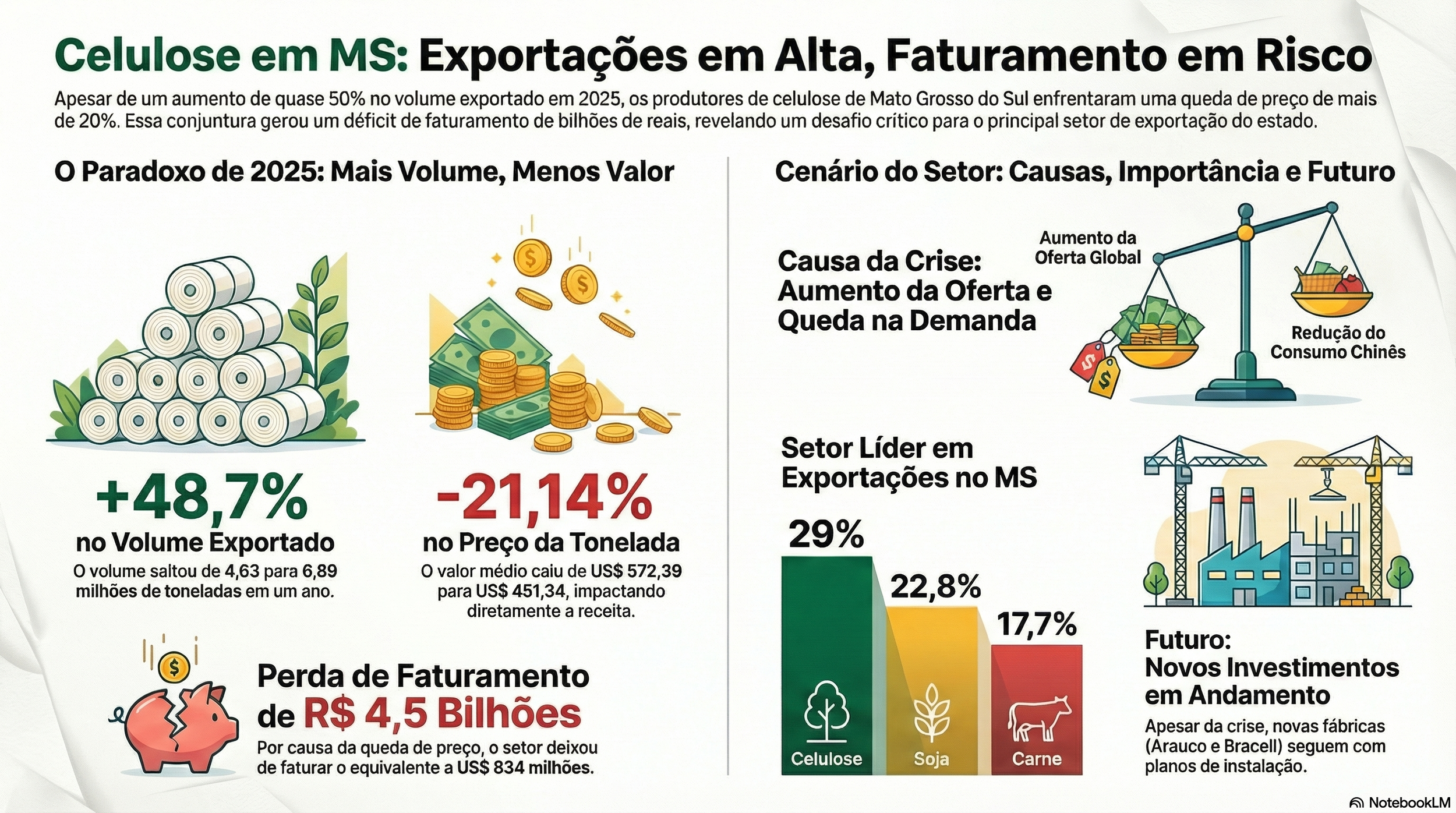 Com a ativa&ccedil;&atilde;o da f&aacute;brica de Ribas do Rio Pardo, as exporta&ccedil;&otilde;es de celulose aumentaram quase 50%, mas o faturamento cresceu epanas 17%