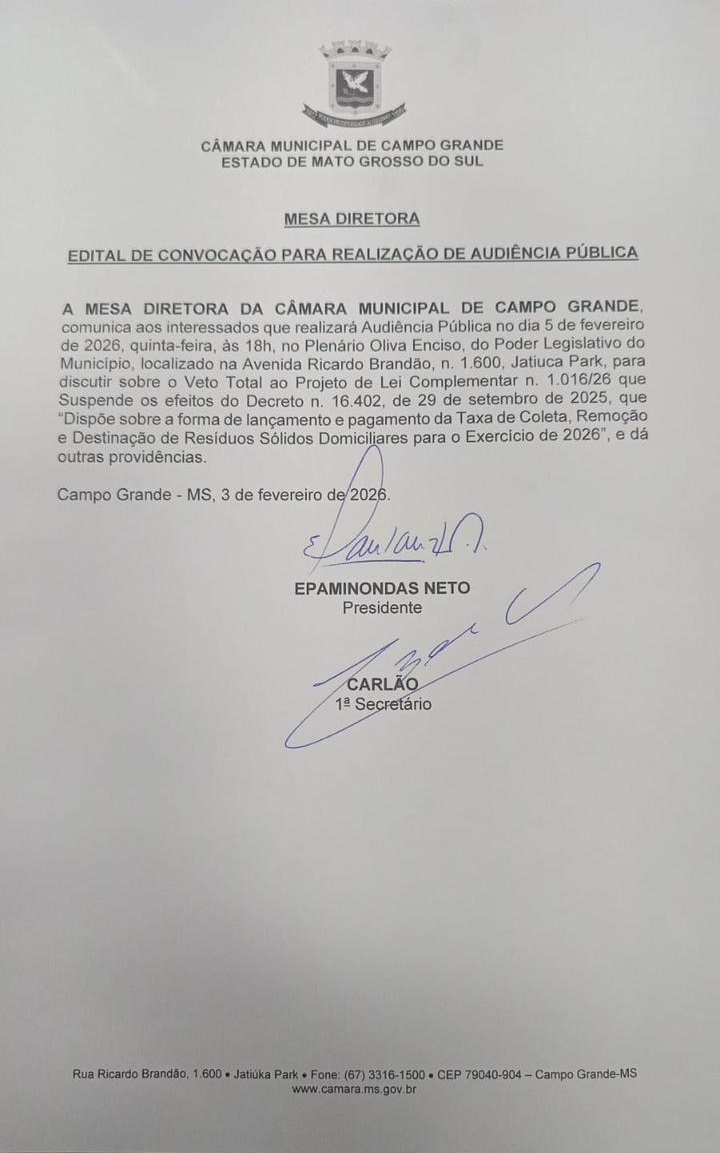 Audi&ecirc;ncia p&uacute;blica que deve discutir o veto da prefeita Adriane Lopes (PP) ao Projeto de Lei Complementar 1.016/26 est&aacute; prevista para acontecer na quinta-feira (05), a partir de 18h.&nbsp;