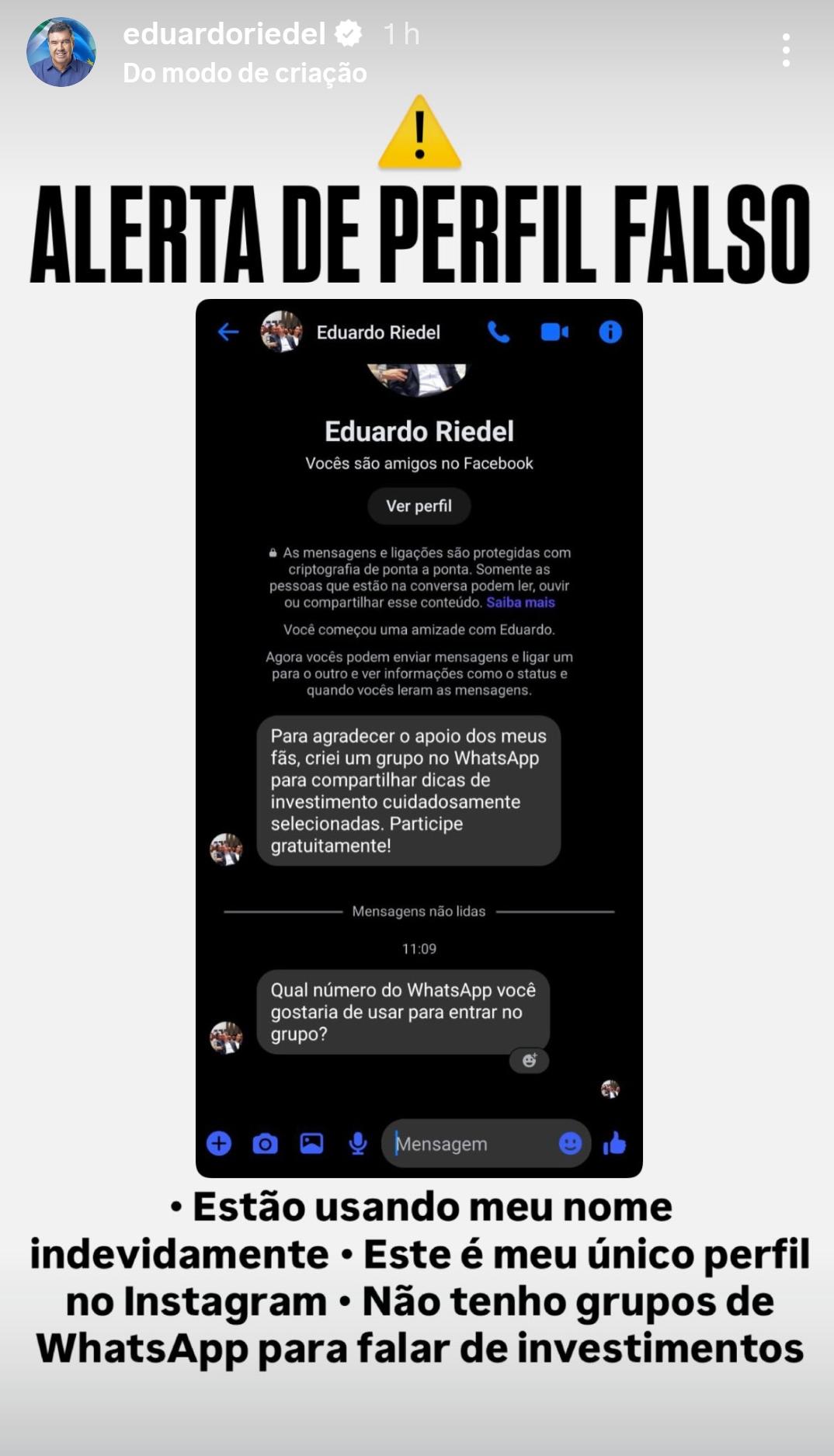 Golpistas criaram perfil falso do governador Eduardo Riedel nas redes sociais