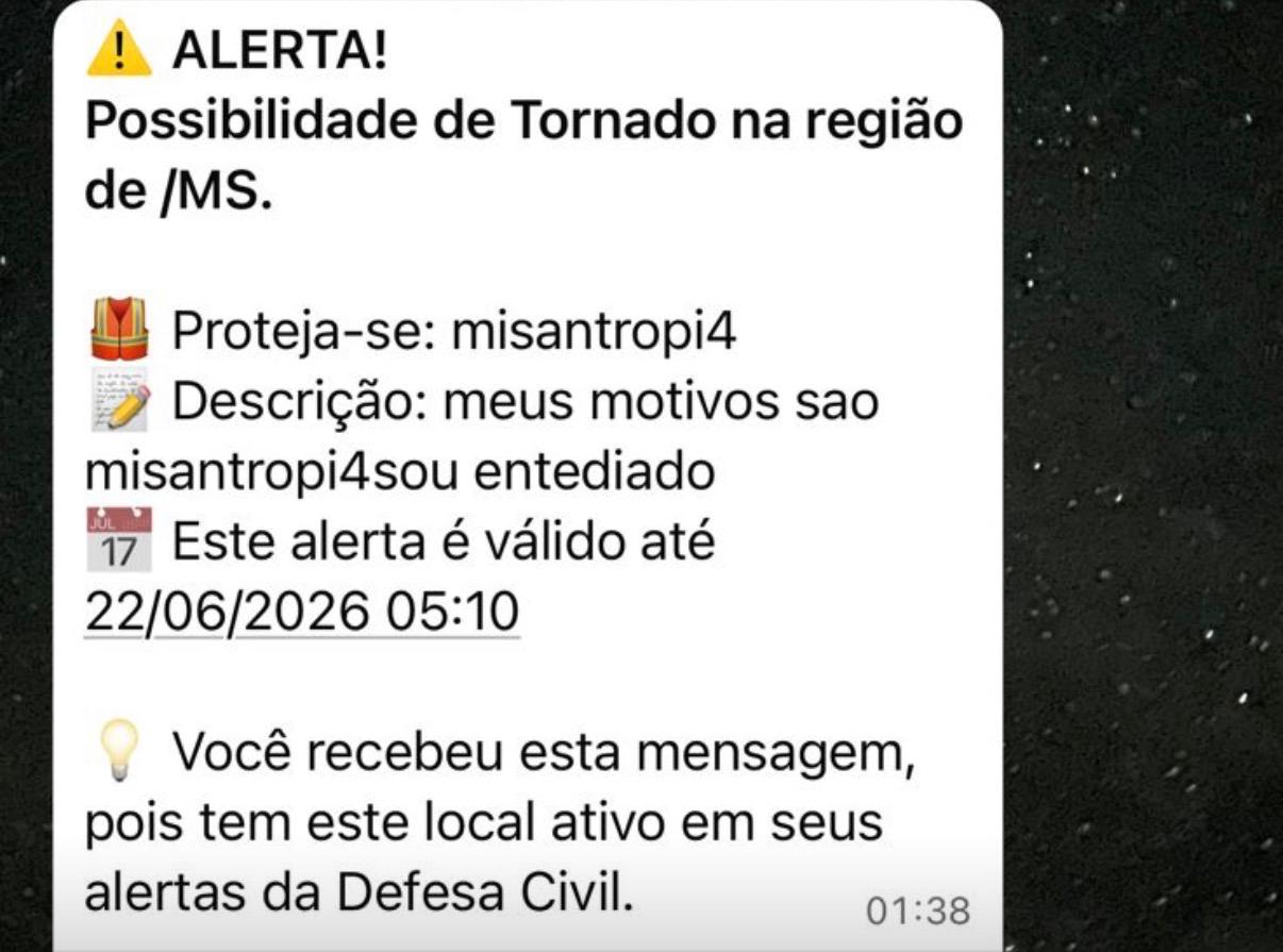 O falso alerta chegou aos celulares em MS &agrave; meia noite, em meio &agrave; chuva que atingia boa parte do Estado