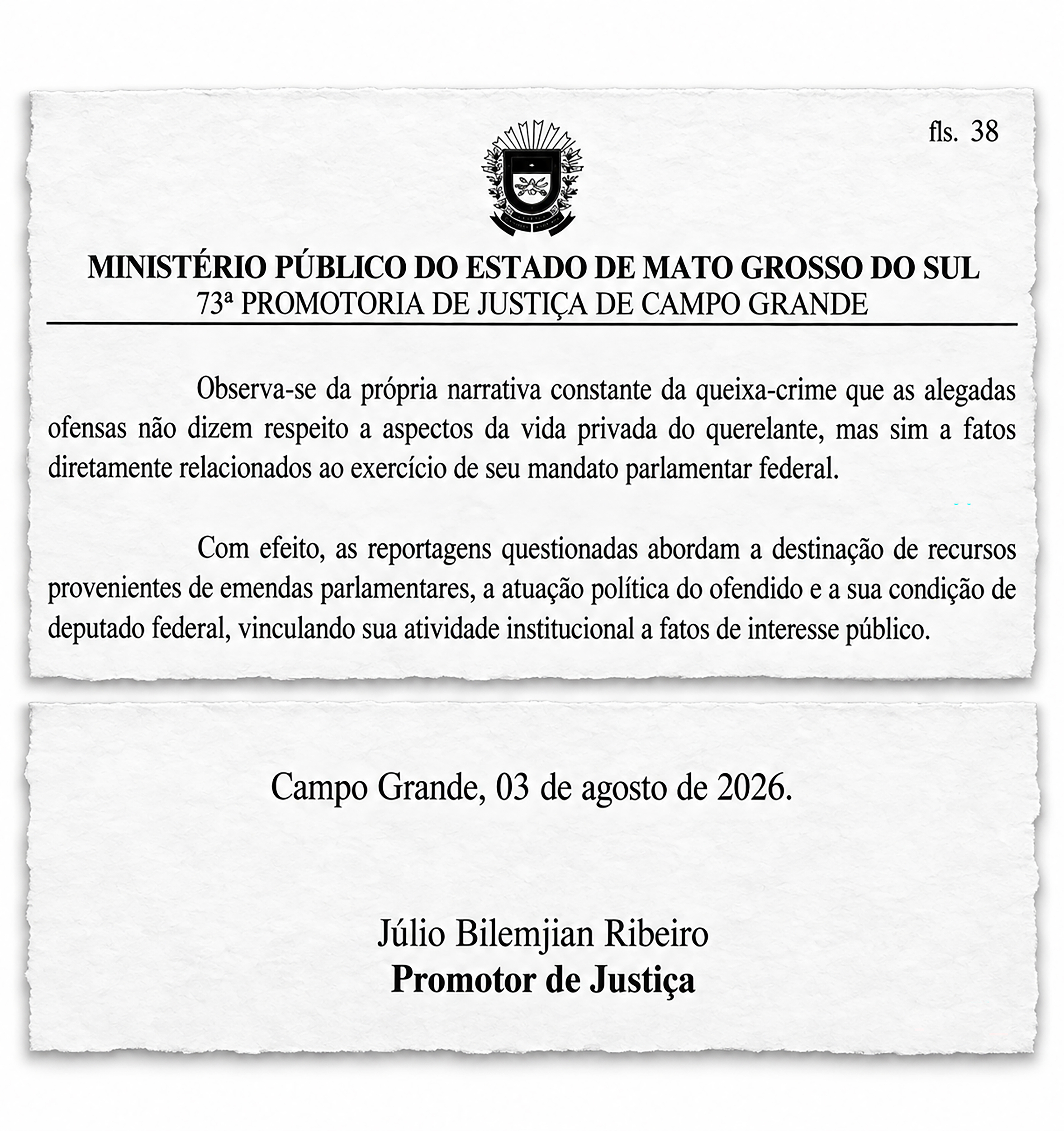 Fac-s&iacute;mile do parecer do promotor de Justi&ccedil;a J&uacute;lio Bilemjian Ribeiro